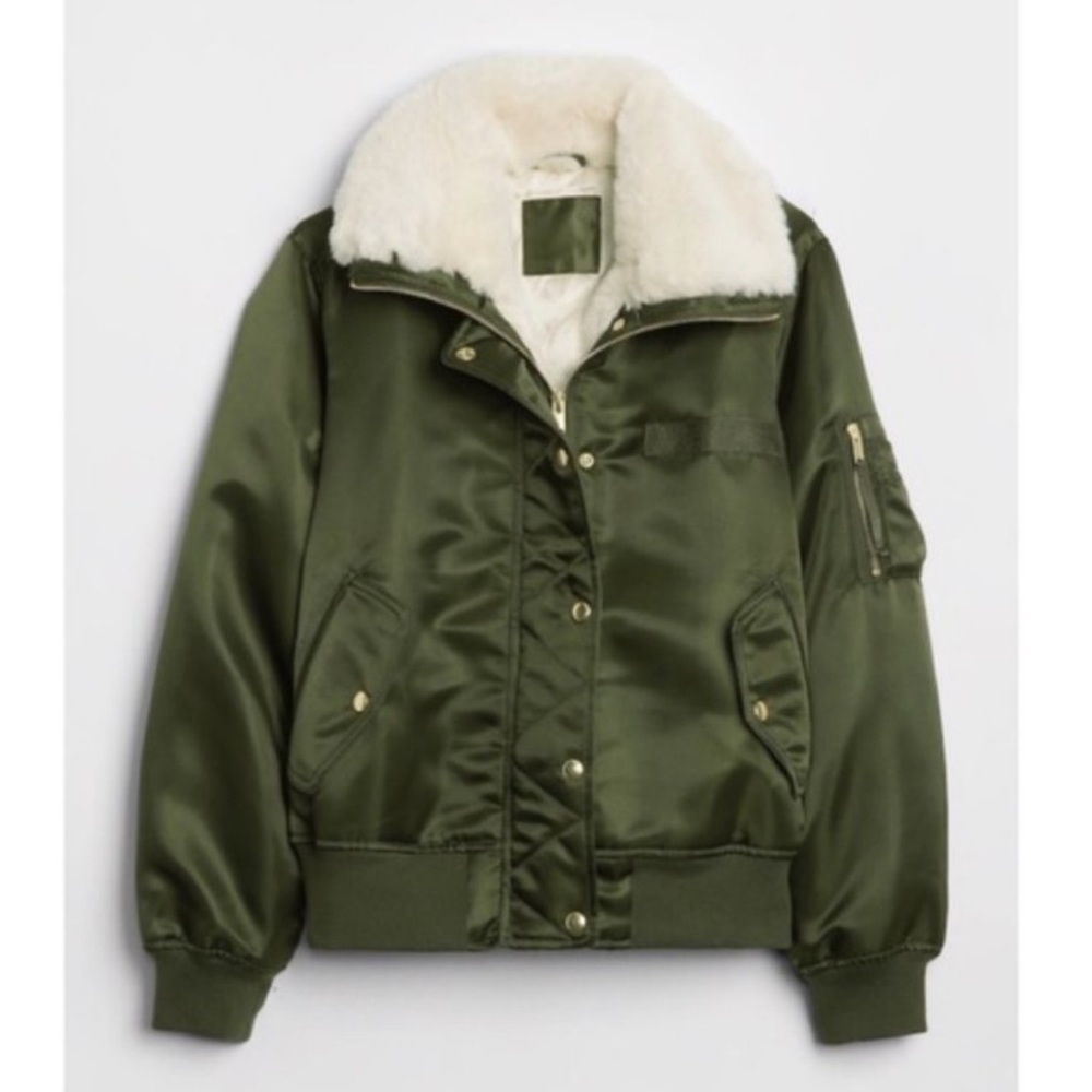GAP Size SMALL Aviator Bomber Jacket Olive Green with faux fur - Picture 2 of 6
